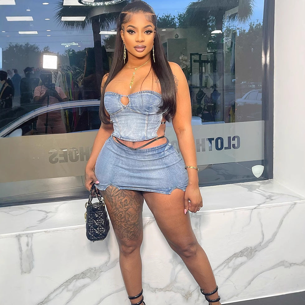 Women's Western Style Denim Dress Set Sexy Strapless Denim Top with Slit Mini Skirt by eprolo