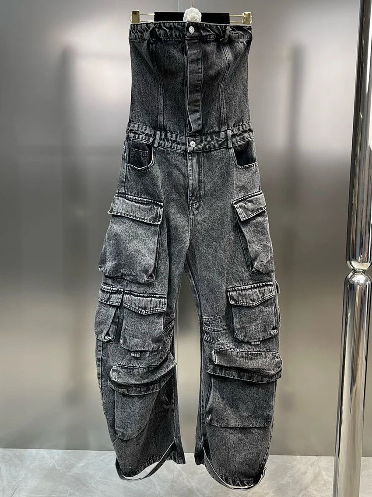 Solid Jumpsuits For Women Strapless Sleeveless High Waist Cargo Pants Summer Jumpsuit Female Fashion Clothing by eprolo
