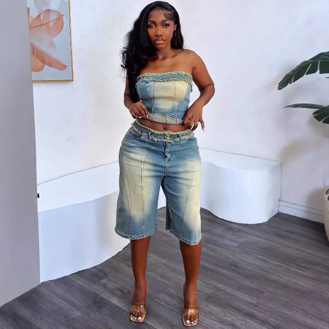 Women's Fashion Denim Set with Raw Hem Crop Top and High-Waisted Denim Shorts by eprolo