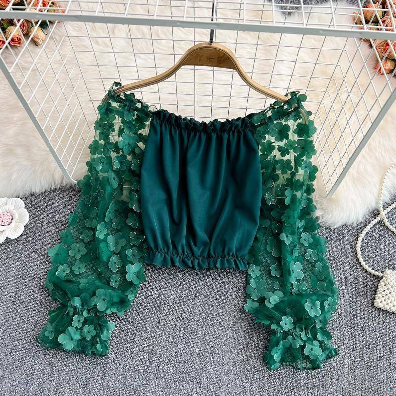 Off Shoulder Three Dimensional Flower Perspective Mesh Patchwork Chiffon Shirt for Womens Loose Waist Short Off Shoulder Top by eprolo