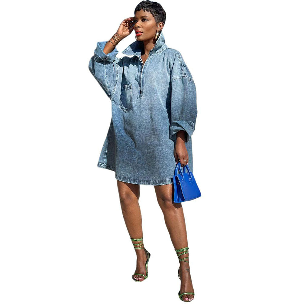 Chic Women's Loose Fit Dress with Turn-Down Collar, Gradient Color, Long Sleeve Denim Dress by eprolo