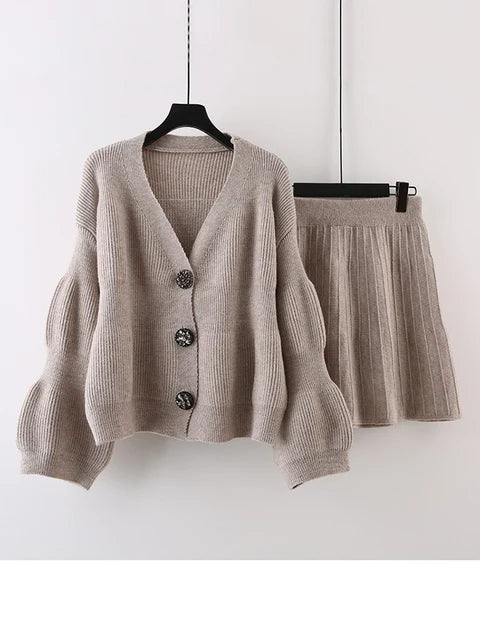 Elegant Knited Two-piece Set Women's V-neck Single Breasted Cardigan With Short Skirts Female by eprolo