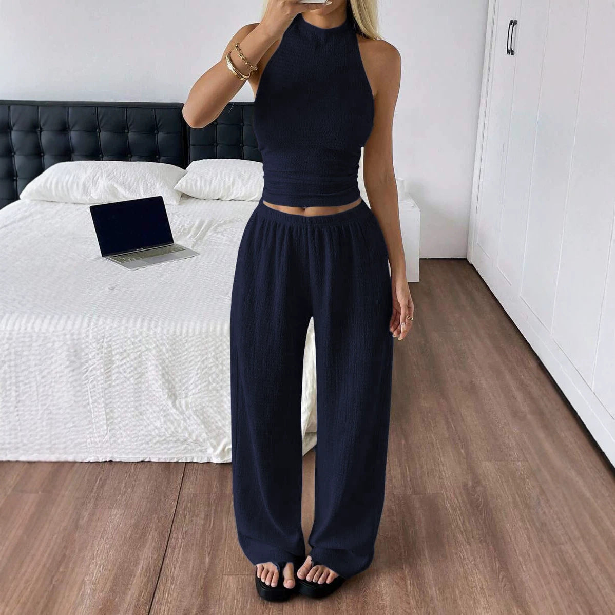 Women's Strapless Top with Wide-Leg Pants Casual Two-Piece Set by eprolo