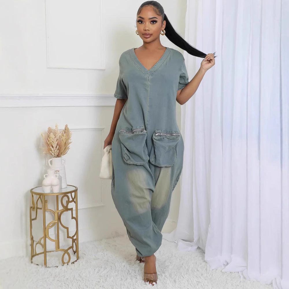 Fashionable and personalized with large pockets, washed denim overall pants by eprolo