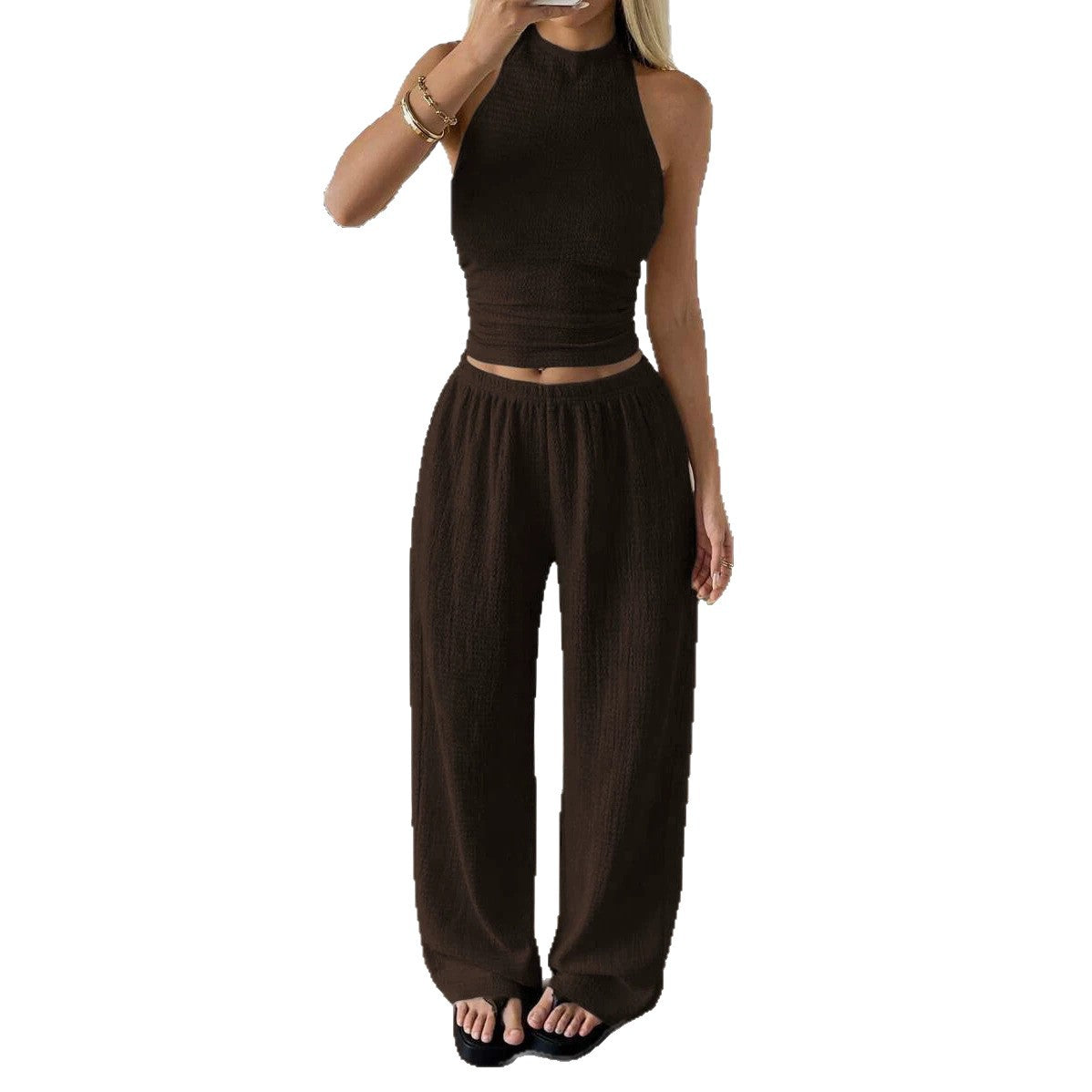 Women's Strapless Top with Wide-Leg Pants Casual Two-Piece Set by eprolo