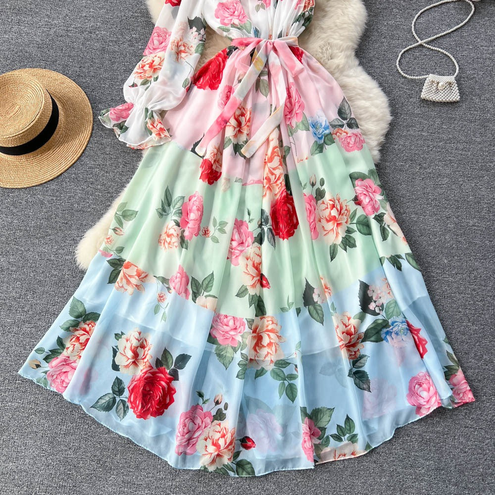 Oblique Shoulder Bubble Sleeves Chiffon Dress Womens Bubble Sleeves Wrapped Waist Large Swing Flower Fairy Long Dress by eprolo