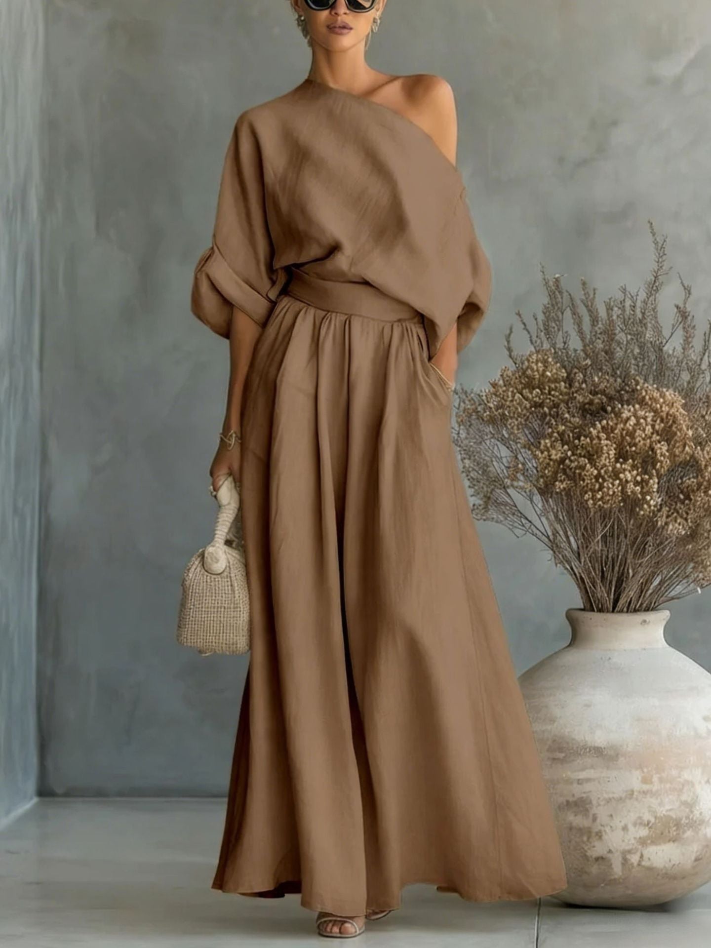 Elegant Fitted Asymmetrical Shoulder Top and Pants Two-Piece Set by eprolo