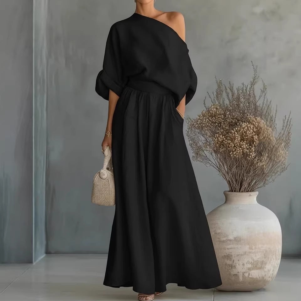 Elegant Fitted Asymmetrical Shoulder Top and Pants Two-Piece Set by eprolo