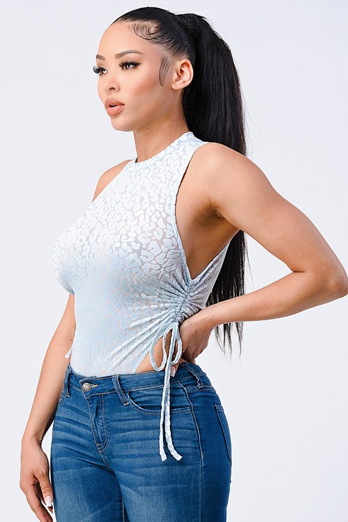 Velvet Leopard Side Shirring Extreme Cut Bodysuit by Royal Closet