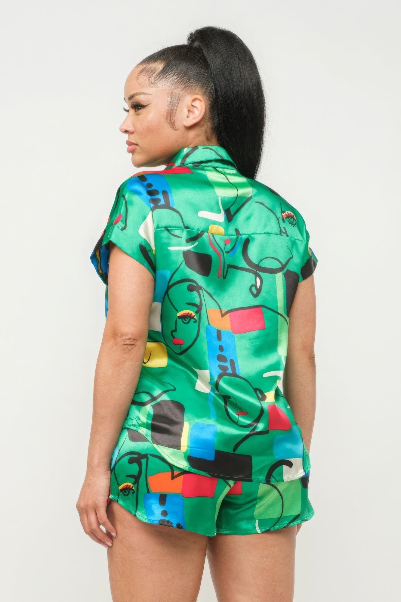 Satin Dolman Print Button Down Top And Shorts Set by Royal Closet