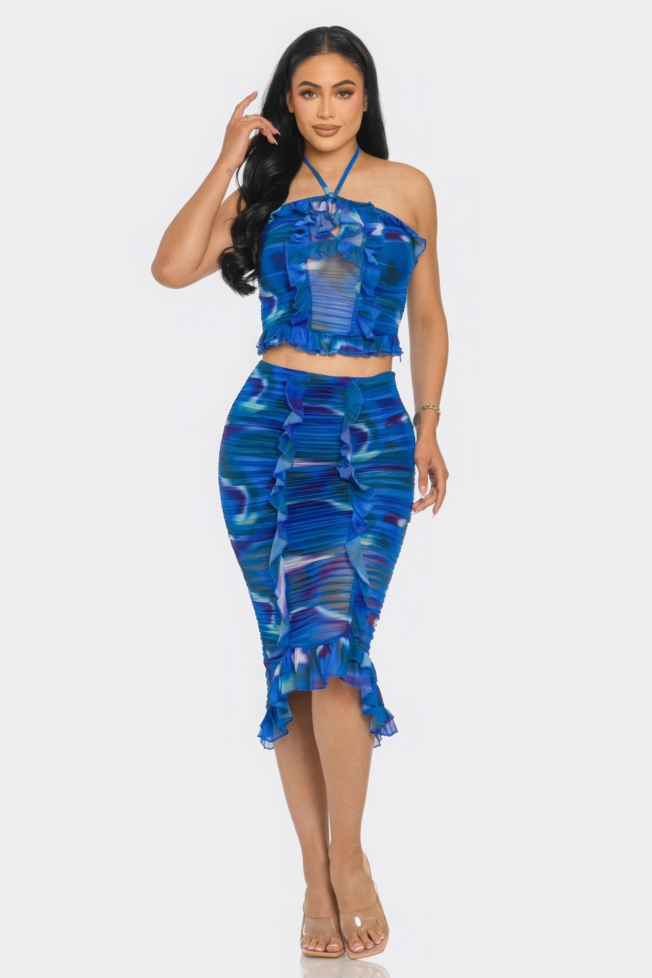 Tropical Waters Print Mesh Ruffle Halter Skirt Set by Royal Closet