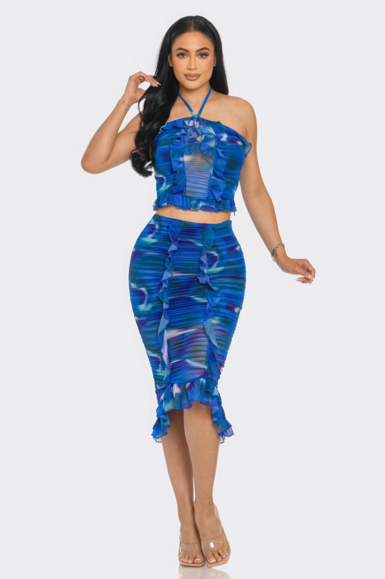 Tropical Waters Print Mesh Ruffle Halter Skirt Set by Royal Closet