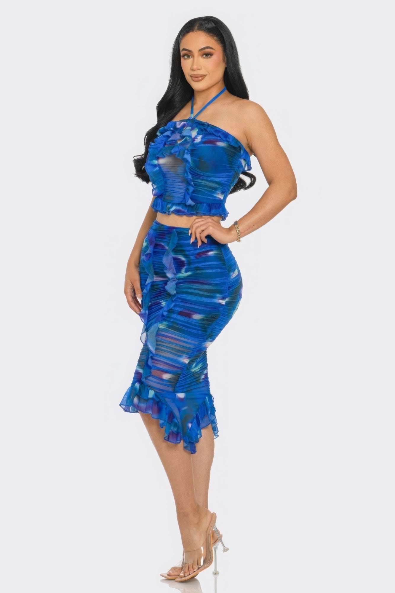 Tropical Waters Print Mesh Ruffle Halter Skirt Set by Royal Closet