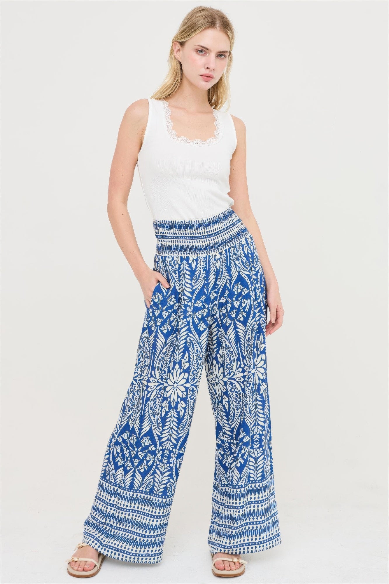 Smocked Waist Floral Pants by Royal Closet