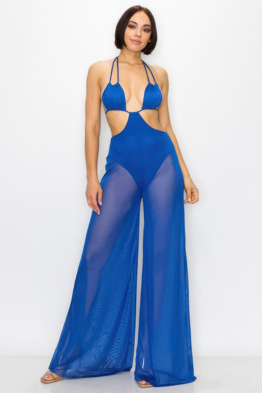 Bikini Top And Mesh Wide Pant Jumpsuit by Royal Closet