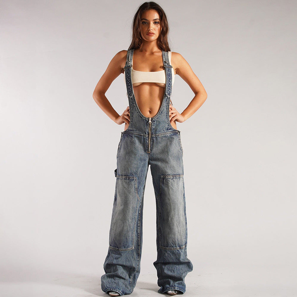 Women's Denim Jumpsuit Street Style Multi-pocket Overalls Loose Waist Straight Leg Pants by eprolo