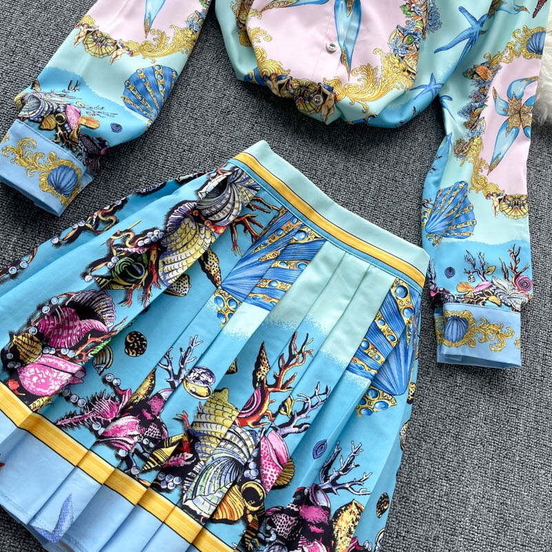 Spring New Women's Skirt Suits Long Sleeve Vintage Print Shirt Blouse And High Waist Fashion Pleated Skirts Two Piece Sets by eprolo