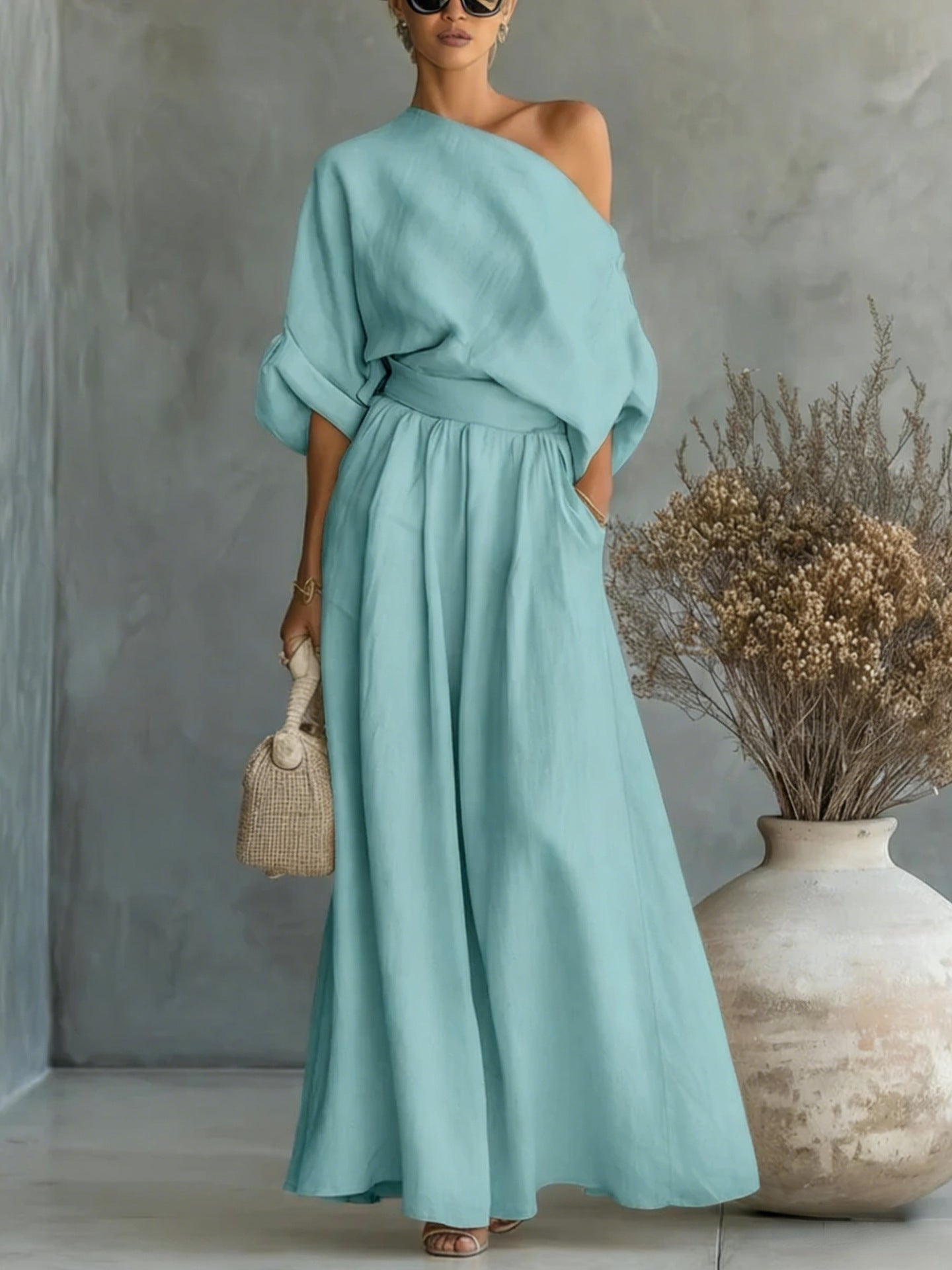 Elegant Fitted Asymmetrical Shoulder Top and Pants Two-Piece Set by eprolo