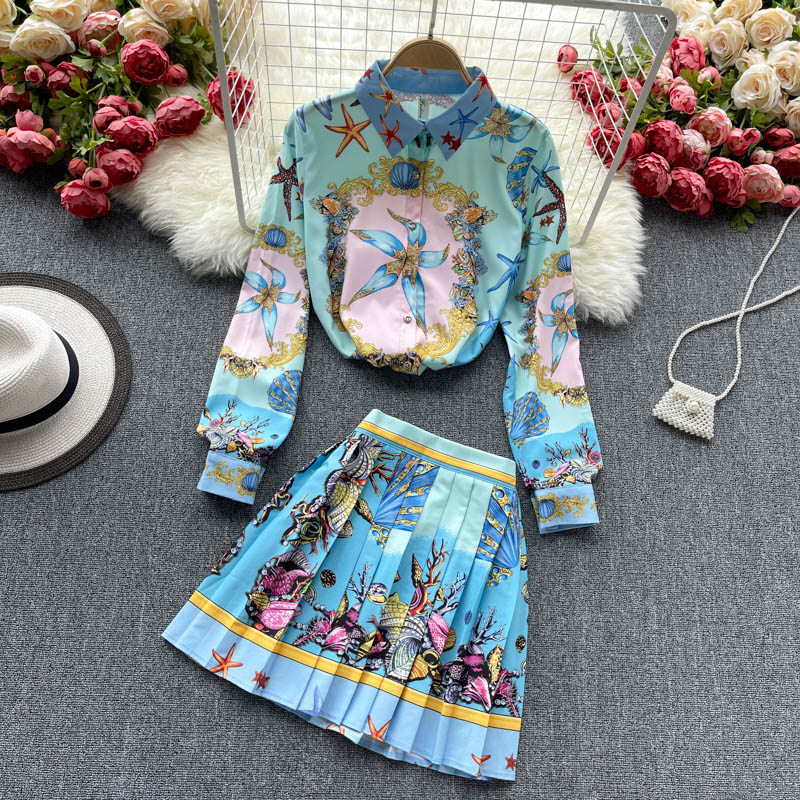 Spring New Women's Skirt Suits Long Sleeve Vintage Print Shirt Blouse And High Waist Fashion Pleated Skirts Two Piece Sets by eprolo