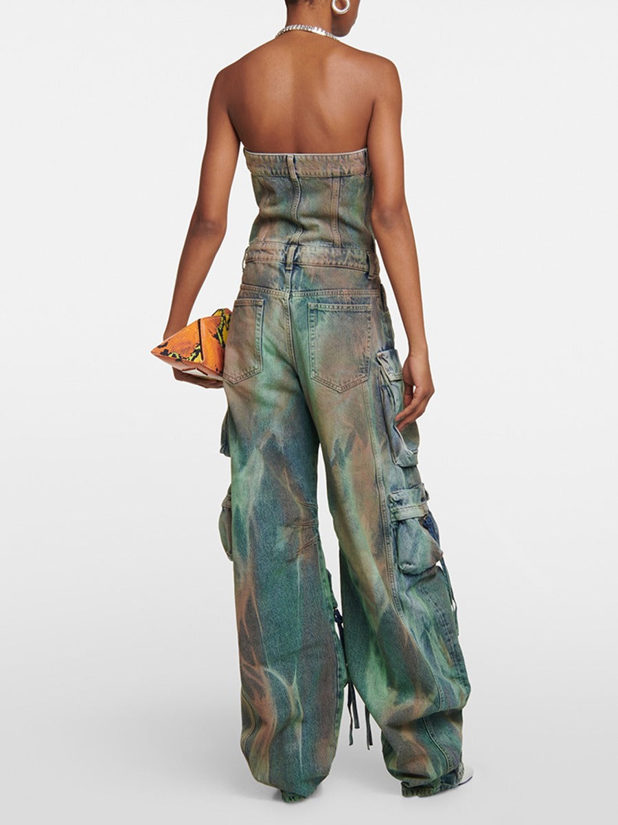 Patchwork Pockets Jumpsuit For Women Strapless Sleeveless High Waist Wide Leg Pant Streetwear Jumpsuits Female by eprolo