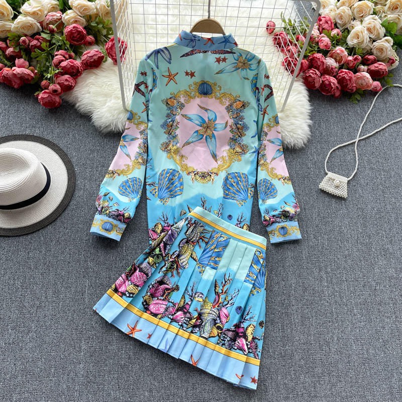 Spring New Women's Skirt Suits Long Sleeve Vintage Print Shirt Blouse And High Waist Fashion Pleated Skirts Two Piece Sets by eprolo