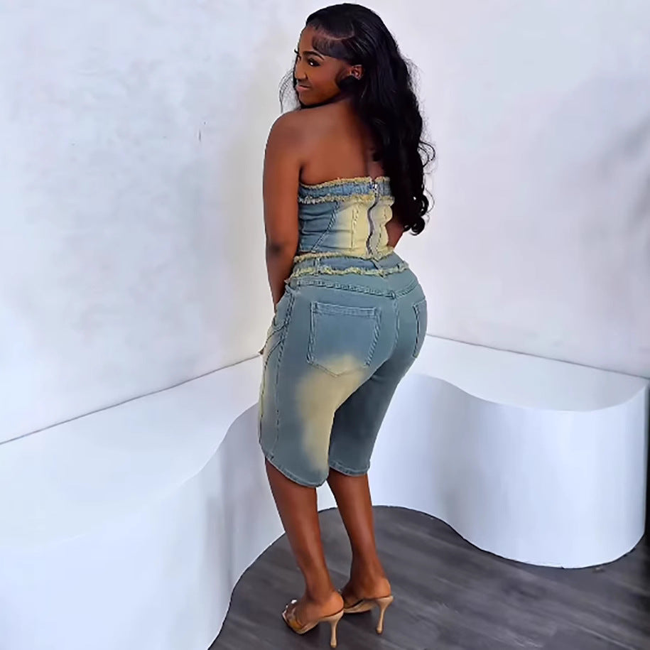 Women's Fashion Denim Set with Raw Hem Crop Top and High-Waisted Denim Shorts by eprolo