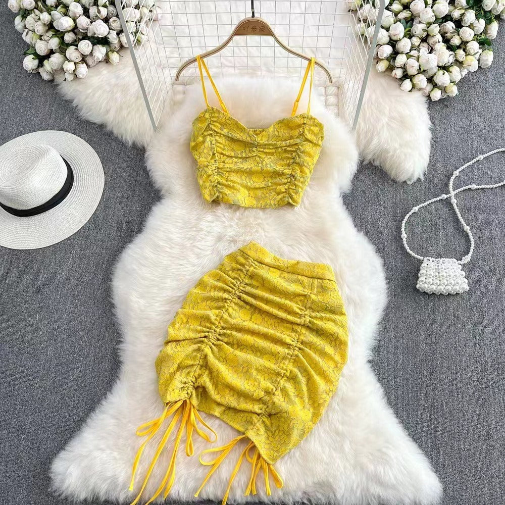 European and American Style Sexy Womens Lace Two Piece Hooked Flower Strap Top High Waist Drawstring Wrapped Hip Half Skirt Set by eprolo