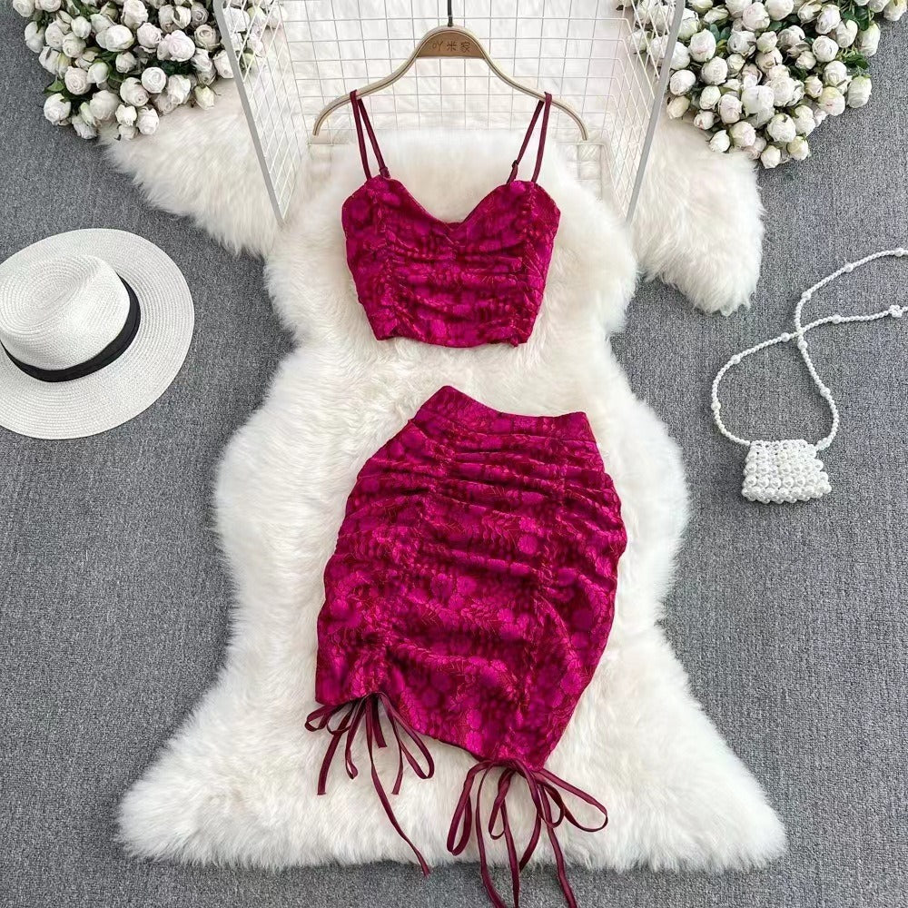 European and American Style Sexy Womens Lace Two Piece Hooked Flower Strap Top High Waist Drawstring Wrapped Hip Half Skirt Set by eprolo
