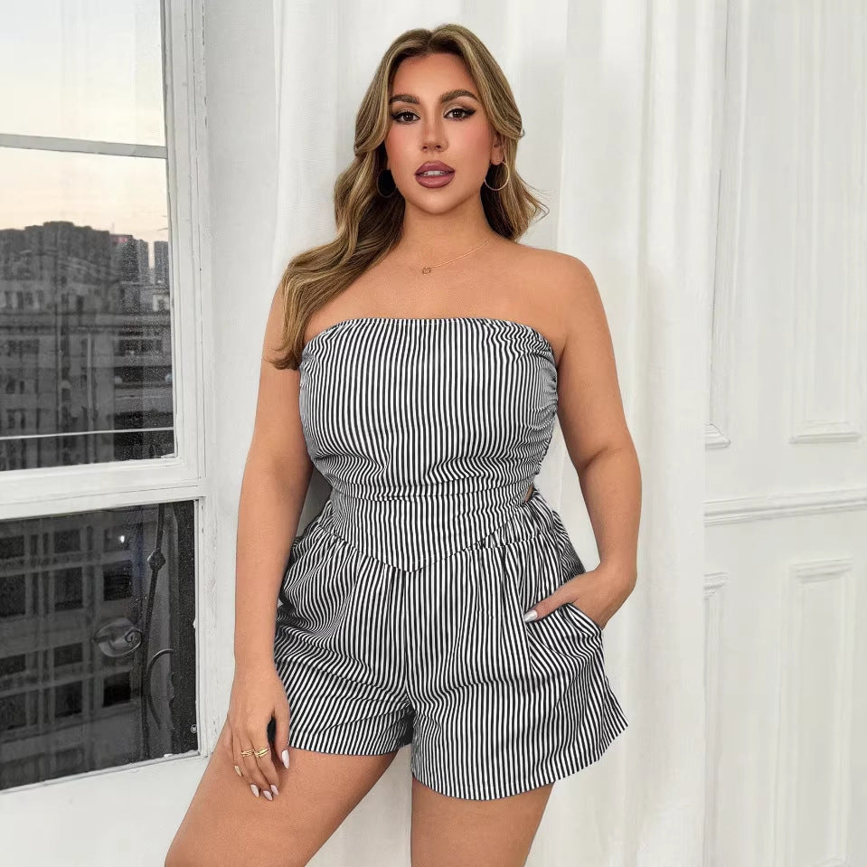 New Women's Sexy Striped Crop Top and Shorts Two-piece Set by eprolo