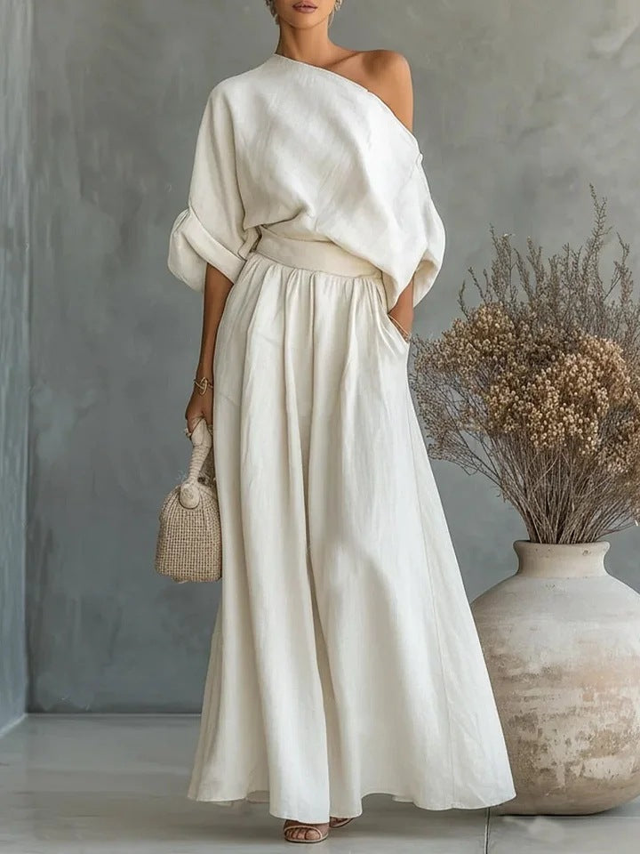 Elegant Fitted Asymmetrical Shoulder Top and Pants Two-Piece Set by eprolo