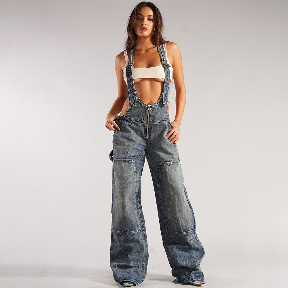 Women's Denim Jumpsuit Street Style Multi-pocket Overalls Loose Waist Straight Leg Pants by eprolo