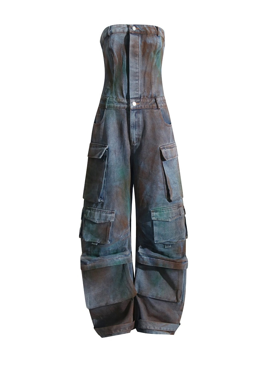 Patchwork Pockets Jumpsuit For Women Strapless Sleeveless High Waist Wide Leg Pant Streetwear Jumpsuits Female by eprolo