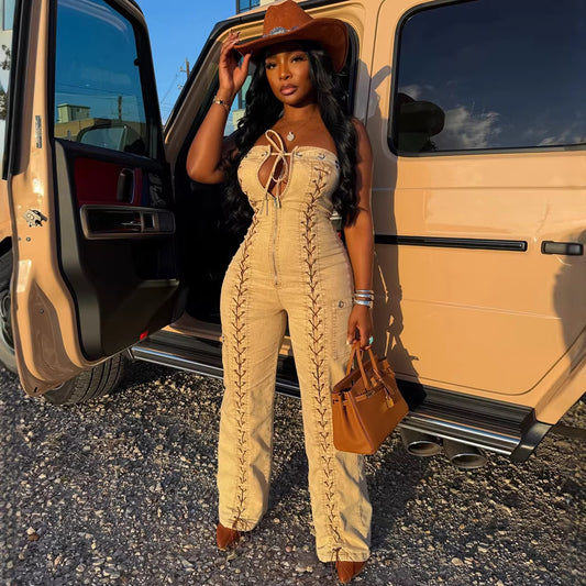 Fashion Women's Strapless Jumpsuit Sexy Side Tie Distressed Denim One-Piece Pants by eprolo