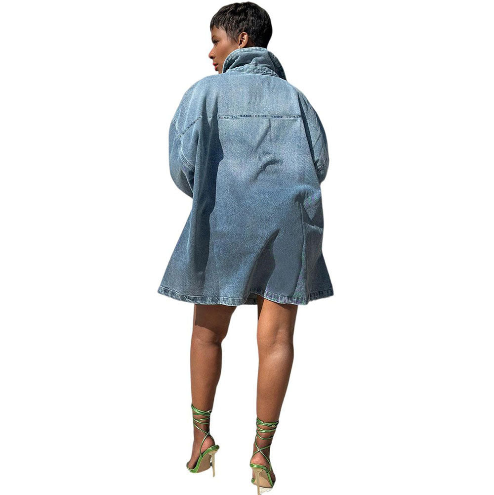 Chic Women's Loose Fit Dress with Turn-Down Collar, Gradient Color, Long Sleeve Denim Dress by eprolo
