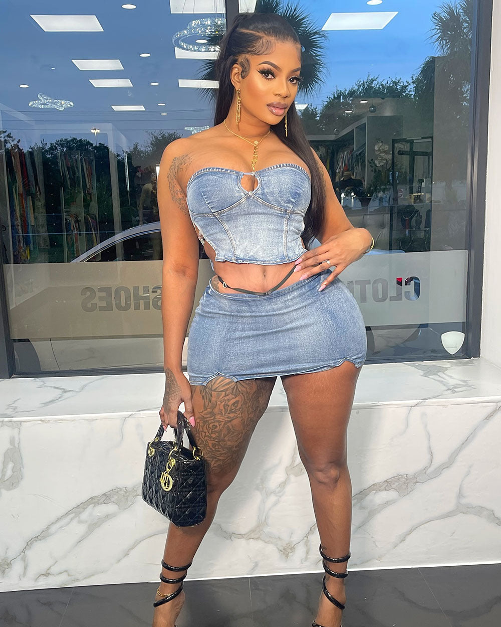 Women's Western Style Denim Dress Set Sexy Strapless Denim Top with Slit Mini Skirt by eprolo