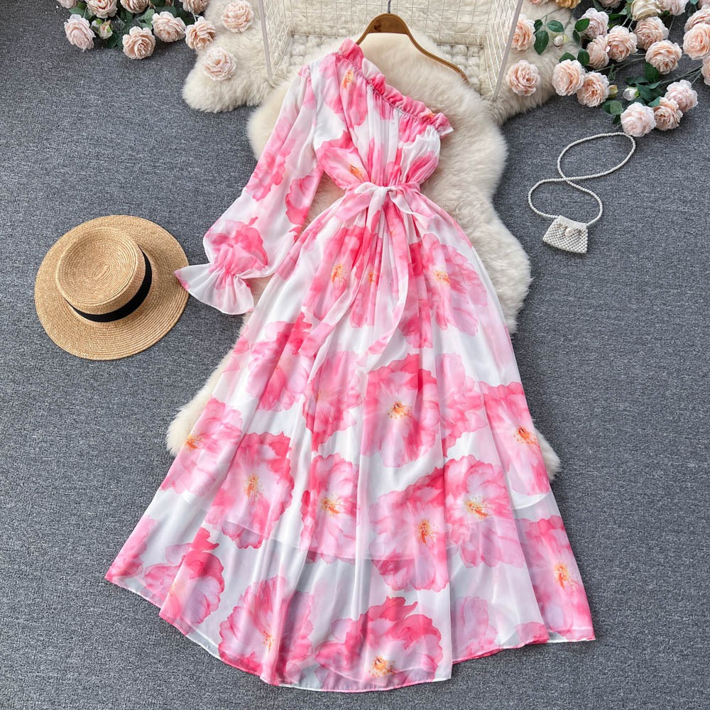 Oblique Shoulder Bubble Sleeves Chiffon Dress Womens Bubble Sleeves Wrapped Waist Large Swing Flower Fairy Long Dress by eprolo
