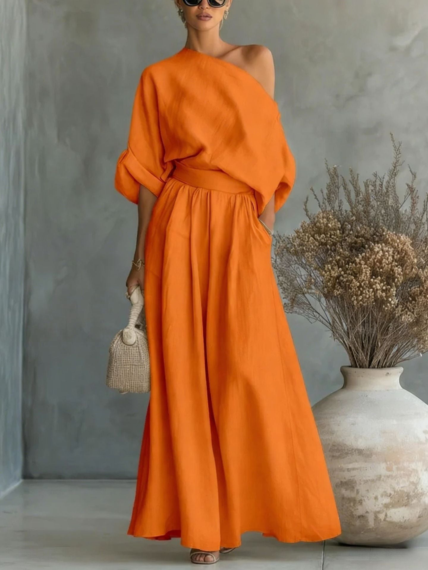 Elegant Fitted Asymmetrical Shoulder Top and Pants Two-Piece Set by eprolo