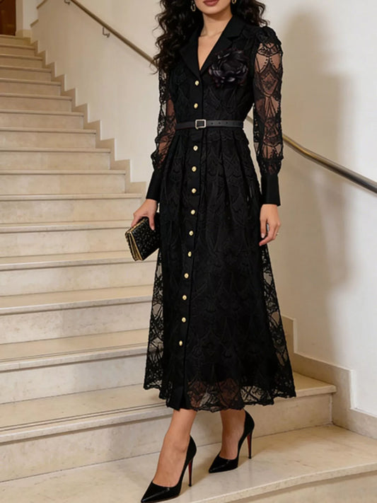 Lace Button Front Midi Dress by Trendsi