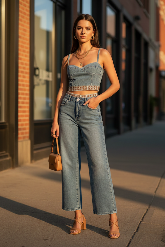 Splicing top+loose jeans Two Piece Set by eprolo