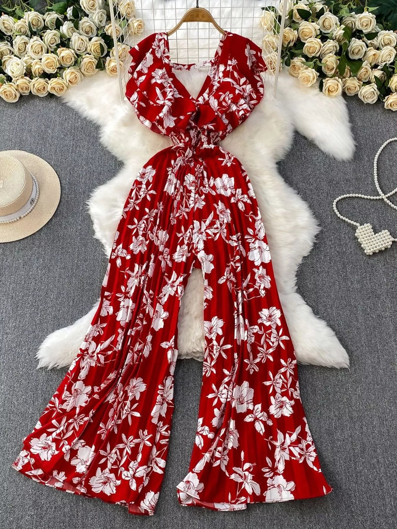 Floral Print Wide Leg Pleated Jumpsuit by Trendsi