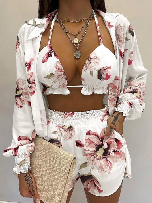 Full Size Halter Neck Cami & Shirt & Shorts 3-Piece Outfit Set Plus Size by Trendsi