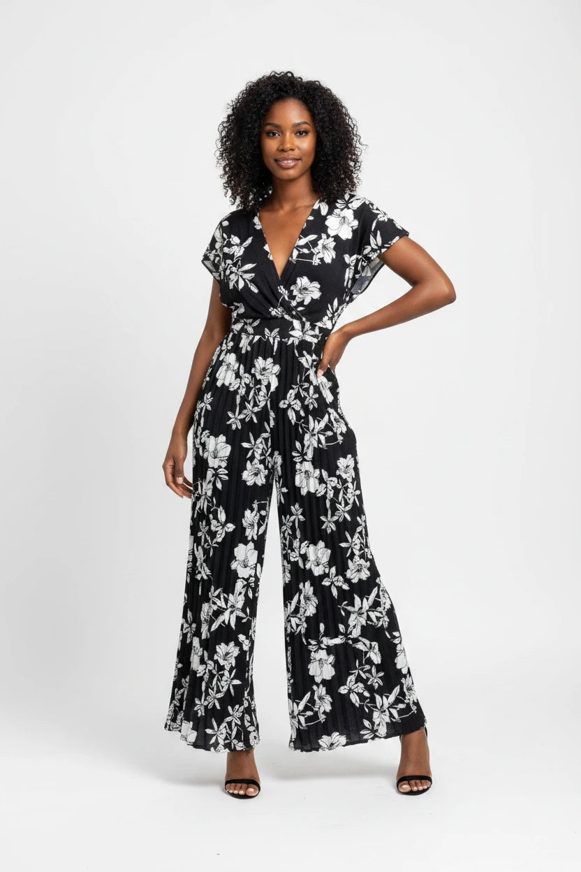 Floral Print Wide Leg Pleated Jumpsuit by Trendsi