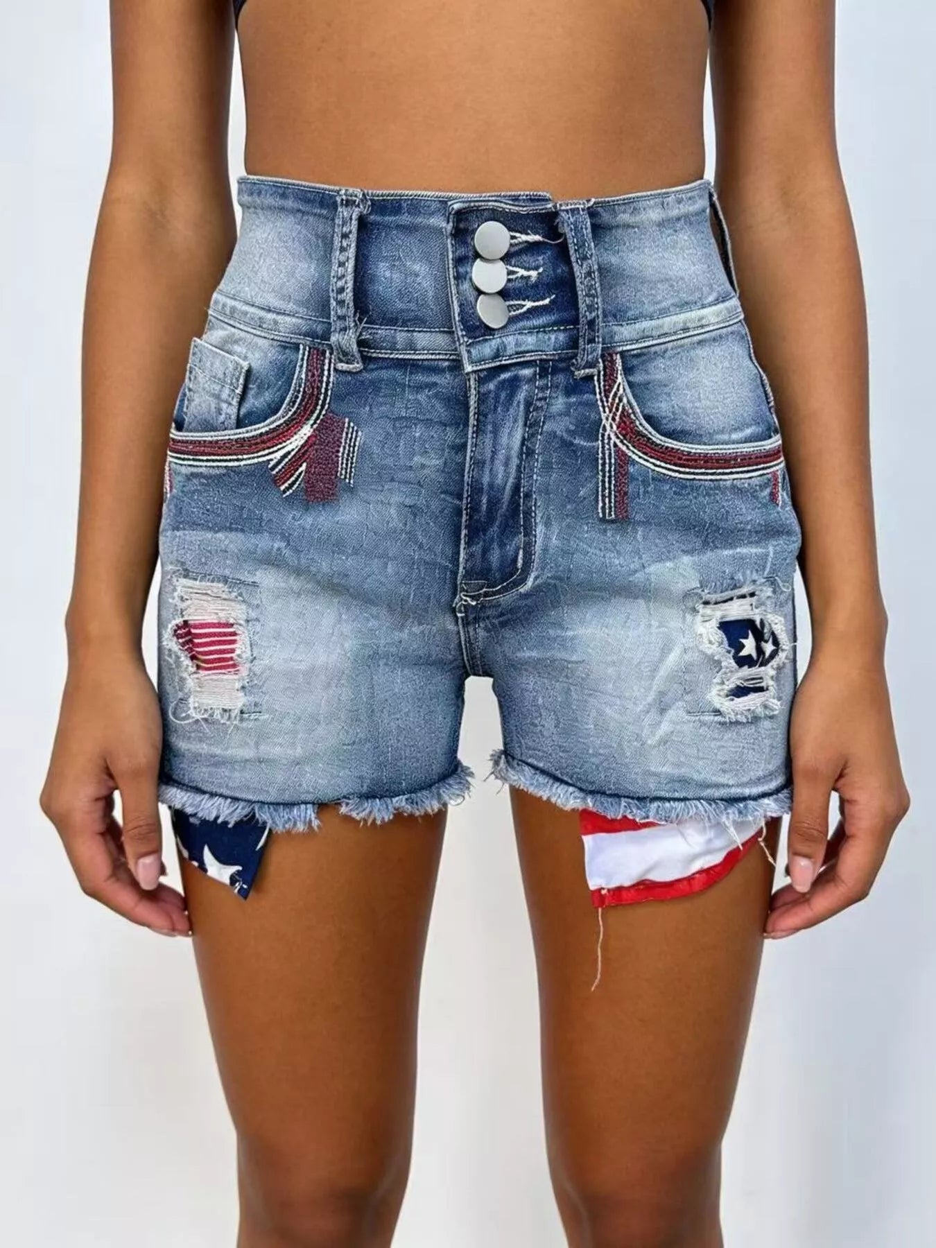 American Flag Distressed Denim Shorts by Trendsi