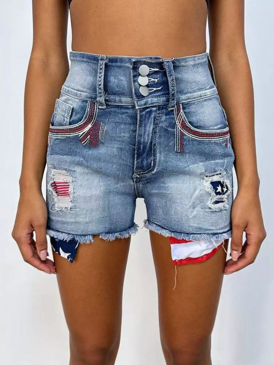 American Flag Distressed Denim Shorts by Trendsi