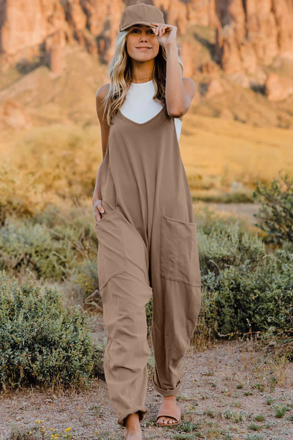 Double Take Full Size V-Neck Sleeveless Jumpsuit with Pockets by Trendsi