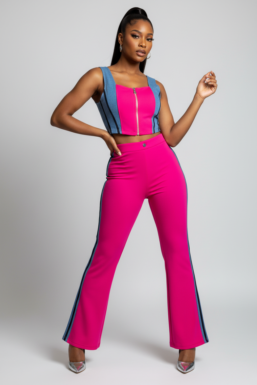 Zip Front Contrast Tank and Side Striped Pants Set by Trendsi