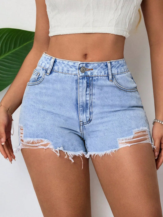 Distressed Raw Hem Denim Shorts by Trendsi