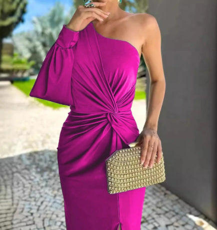 Women's Diagonal Shoulder Knot Split Solid Color Slim Fit Dress by Royal Closet
