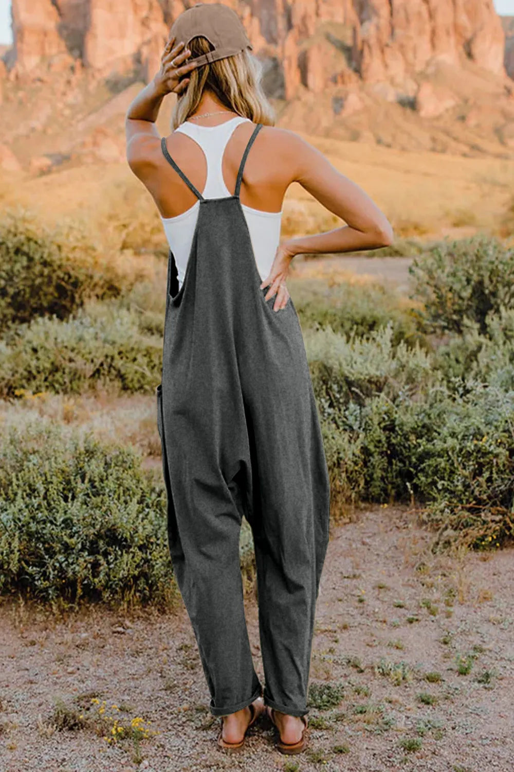 Double Take Full Size V-Neck Sleeveless Jumpsuit with Pockets by Trendsi