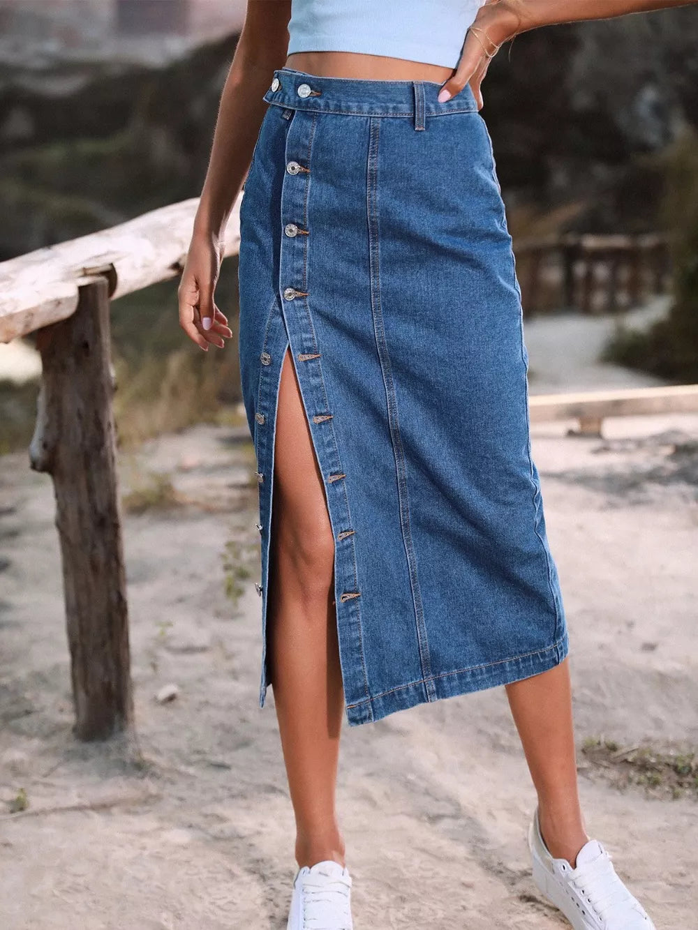 Button Down Denim Skirt by Trendsi